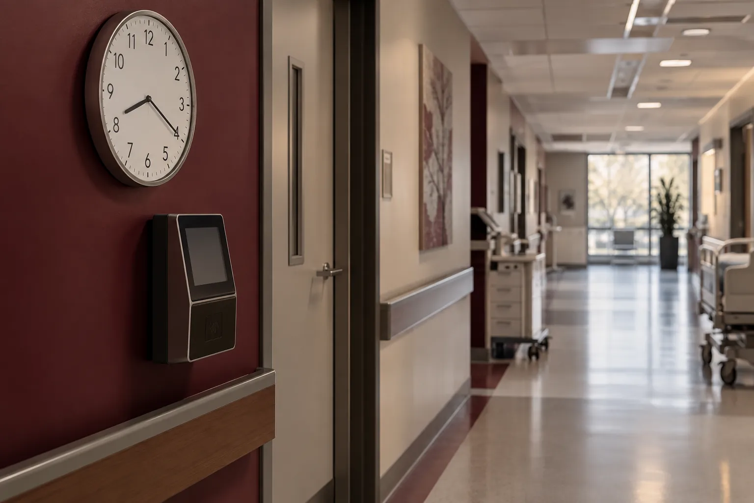Imagen conceptual de un reloj y un dispositivo de fichaje en un pasillo sanitario