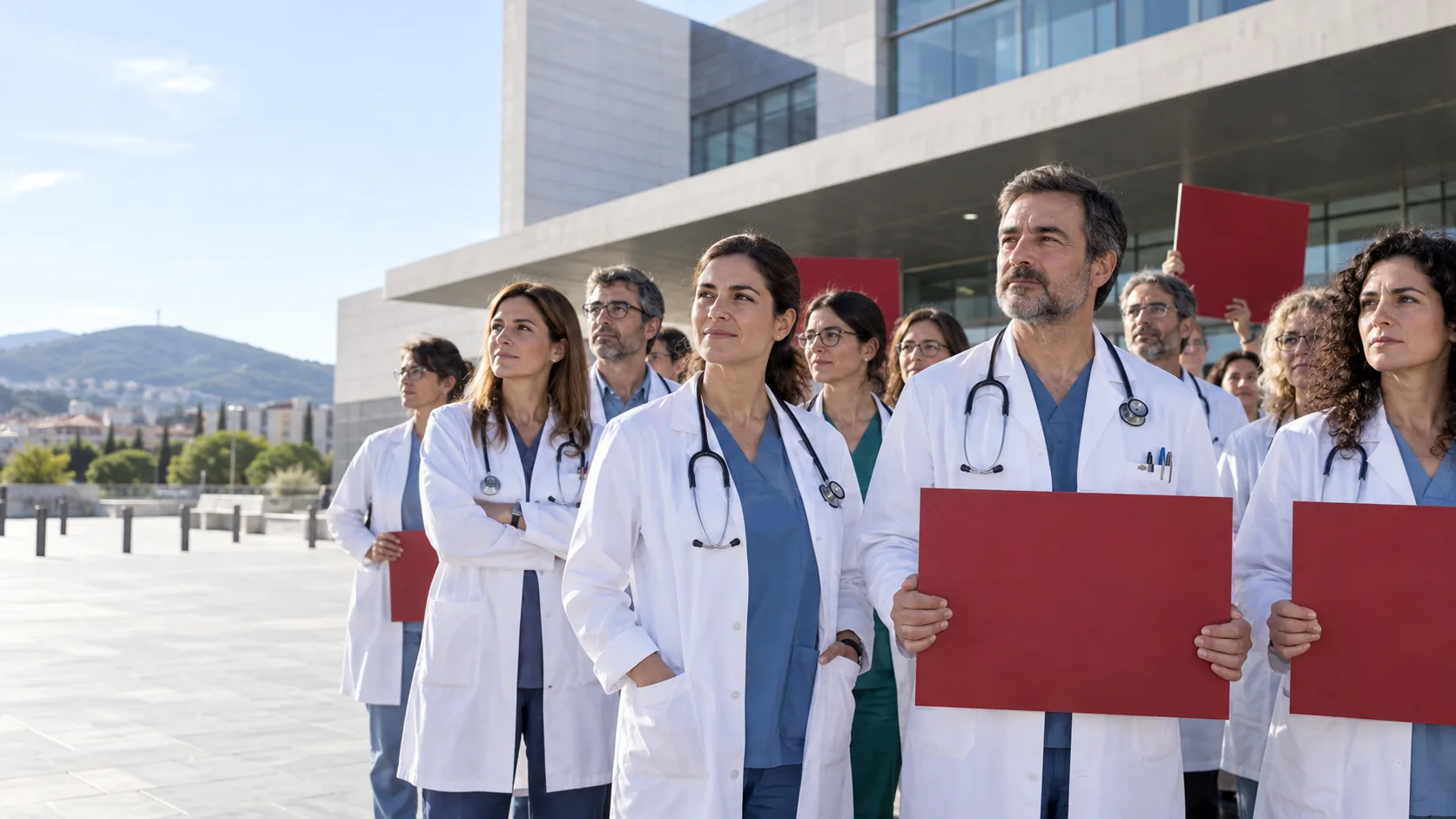 Grupo de médicos reunidos ante un hospital para defender sus condiciones laborales