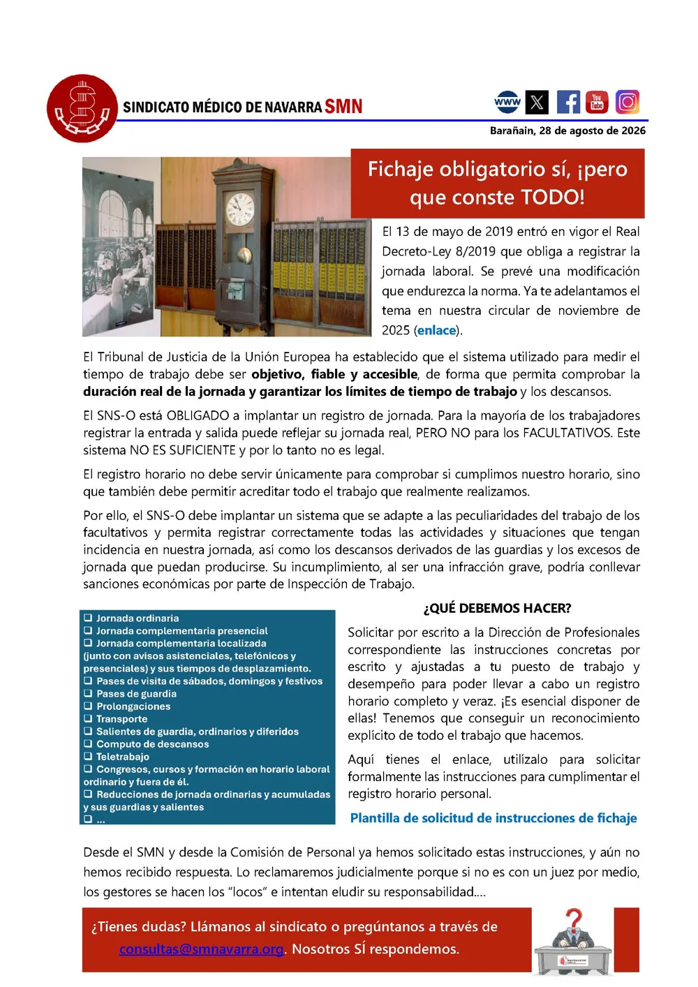 Circular del SMN sobre el fichaje obligatorio